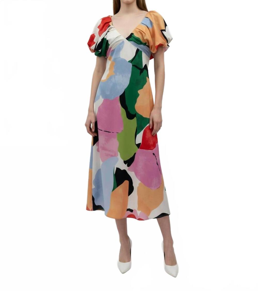 NEW FORE COLLECTION puff sleeve v neck maxi dress in multi